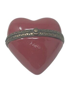 Red Heart-Shaped Porcelain Trinket Box Brass Accents Hinged Lid Midwest #S-3